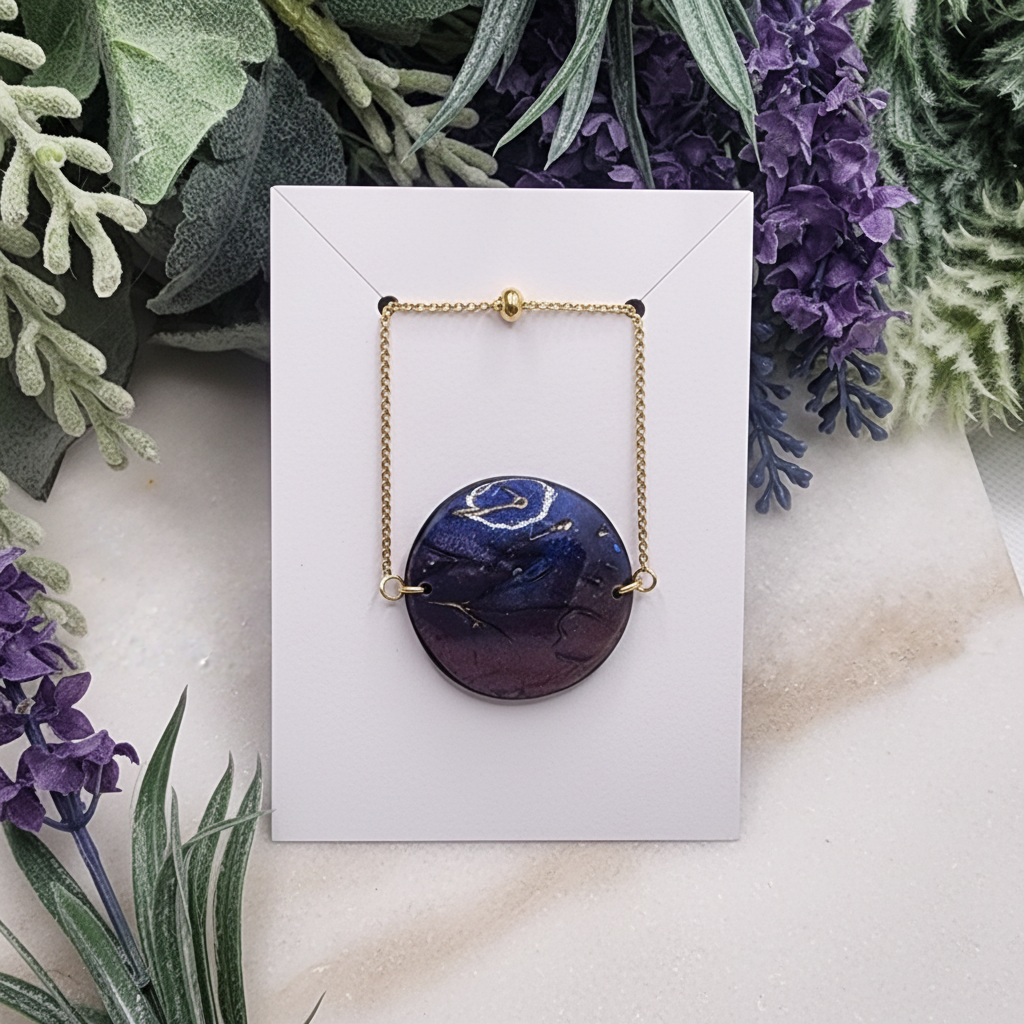  "Handmade polymer clay bracelet with large circular purple/blue mica shimmer pendant with gold marbling on adjustable gold chain"
