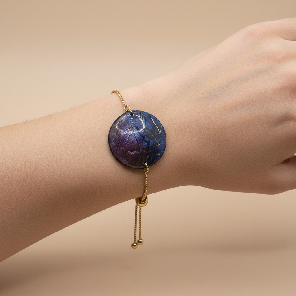  "Handmade polymer clay bracelet with large circular purple/blue mica shimmer pendant with gold marbling on adjustable gold chain"