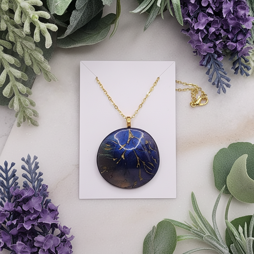  "Handmade polymer clay pendant necklace with large circular blue/purple/green mica shimmer pendant with gold marbling on gold chain"