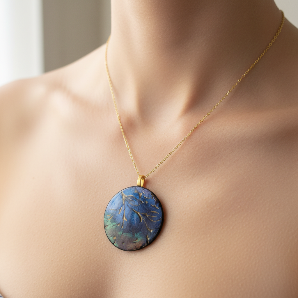  "Handmade polymer clay pendant necklace with large circular blue/purple/green mica shimmer pendant with gold marbling on gold chain"