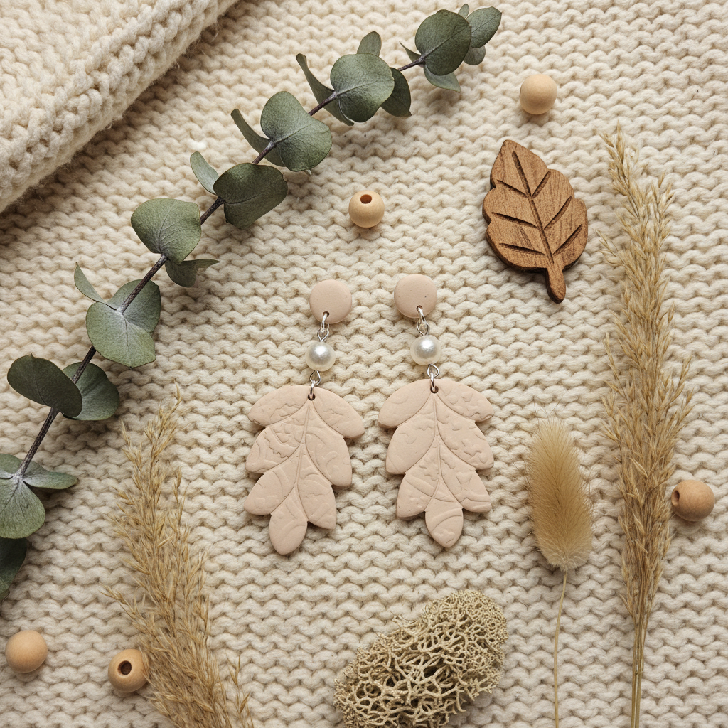 "Handmade polymer clay natural almond and pearl earrings with large oak leaf dangles"