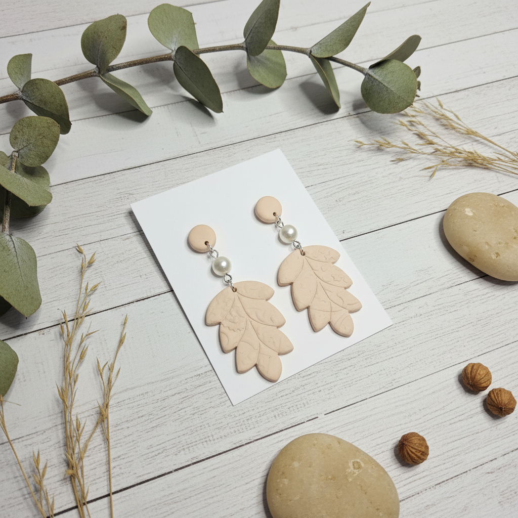 "Handmade polymer clay natural almond and pearl earrings with large oak leaf dangles"