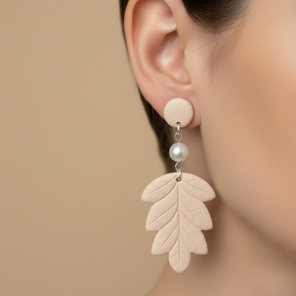 "Handmade polymer clay natural almond and pearl earrings with large oak leaf dangles"