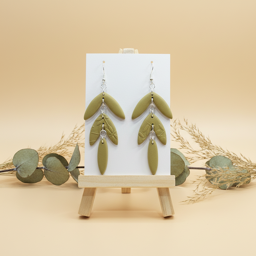 "Handmade polymer clay natural clay olive green statement earrings with layered leaf dangles"