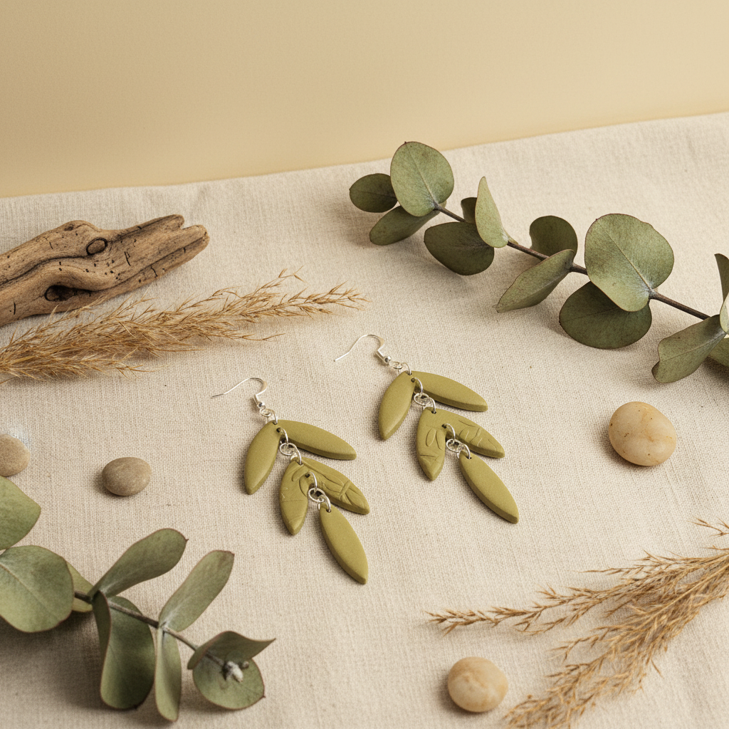 "Handmade polymer clay natural clay olive green statement earrings with layered leaf dangles"