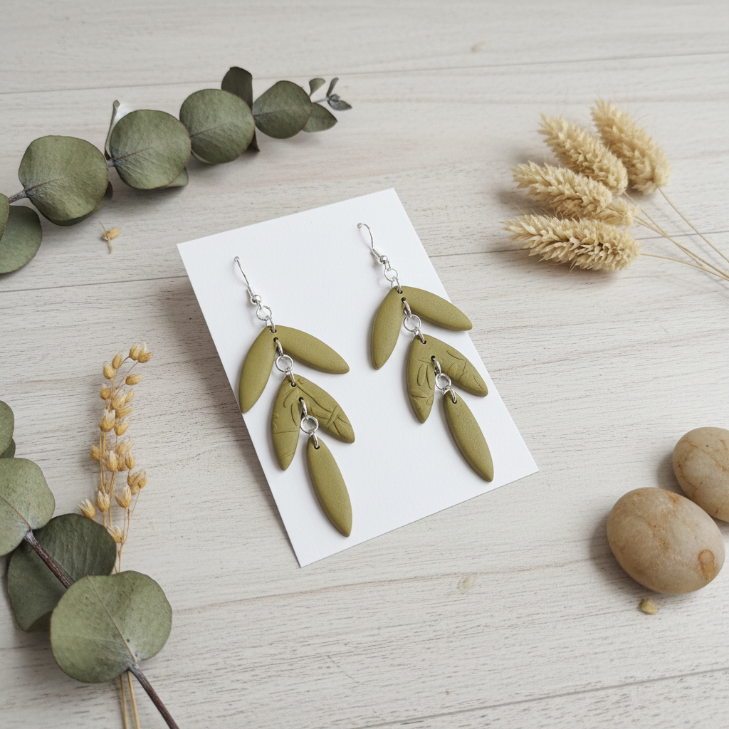 "Handmade polymer clay natural clay olive green statement earrings with layered leaf dangles"