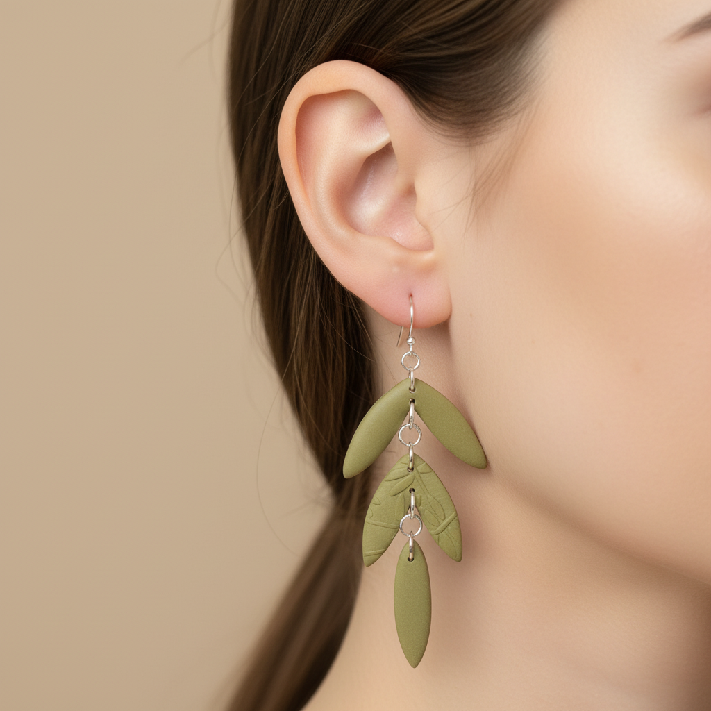"Handmade polymer clay natural clay olive green statement earrings with layered leaf dangles"