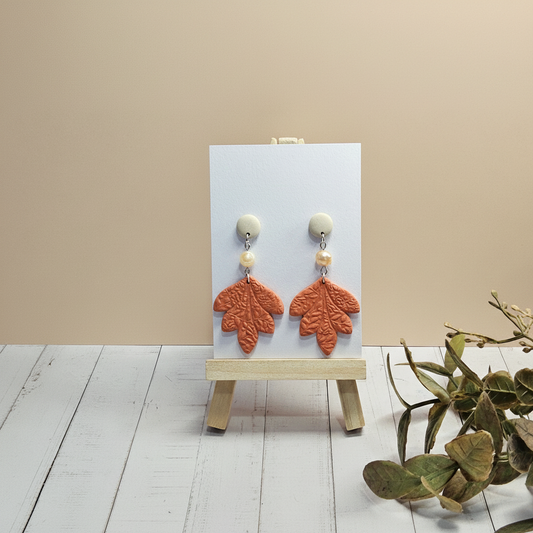  "Handmade polymer clay natural clay sunrise orange leaf and pearl earrings with large oak leaf dangles"