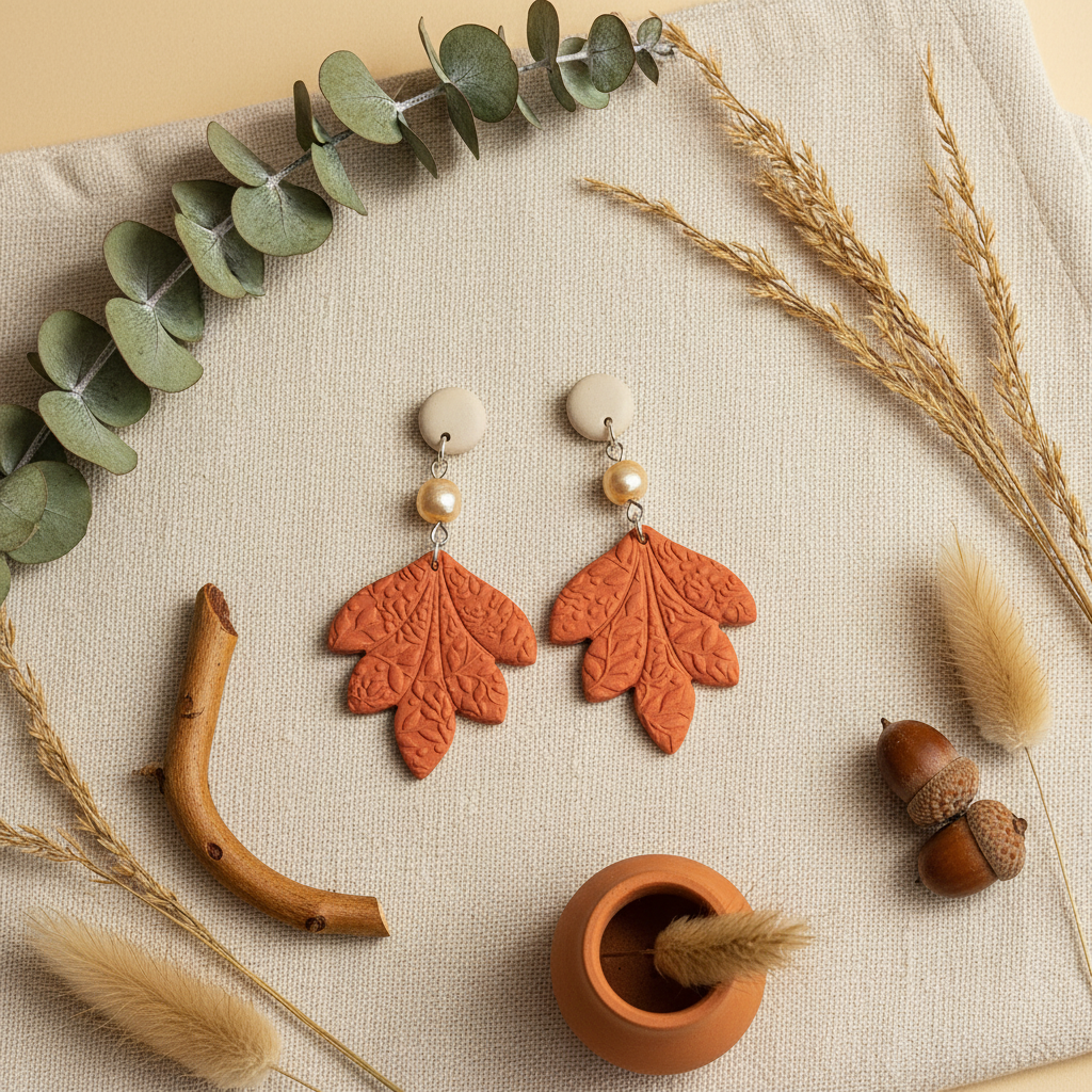  "Handmade polymer clay natural clay sunrise orange leaf and pearl earrings with large oak leaf dangles"
