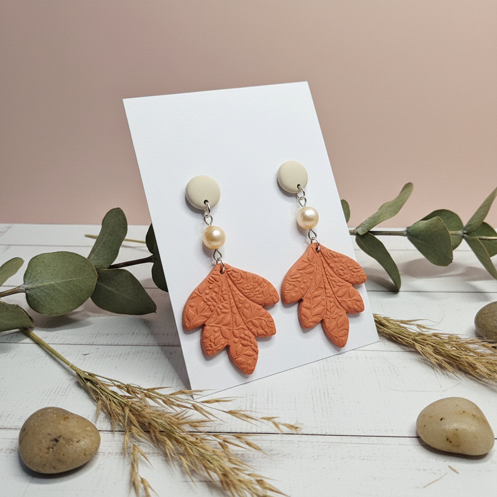  "Handmade polymer clay natural clay sunrise orange leaf and pearl earrings with large oak leaf dangles"