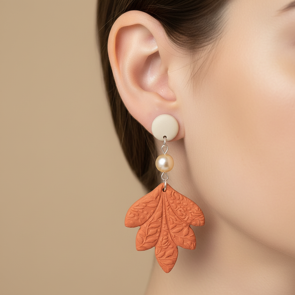  "Handmade polymer clay natural clay sunrise orange leaf and pearl earrings with large oak leaf dangles"