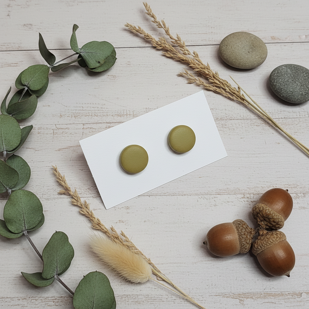 "Handmade polymer clay olive green stud earrings in natural matte finish"