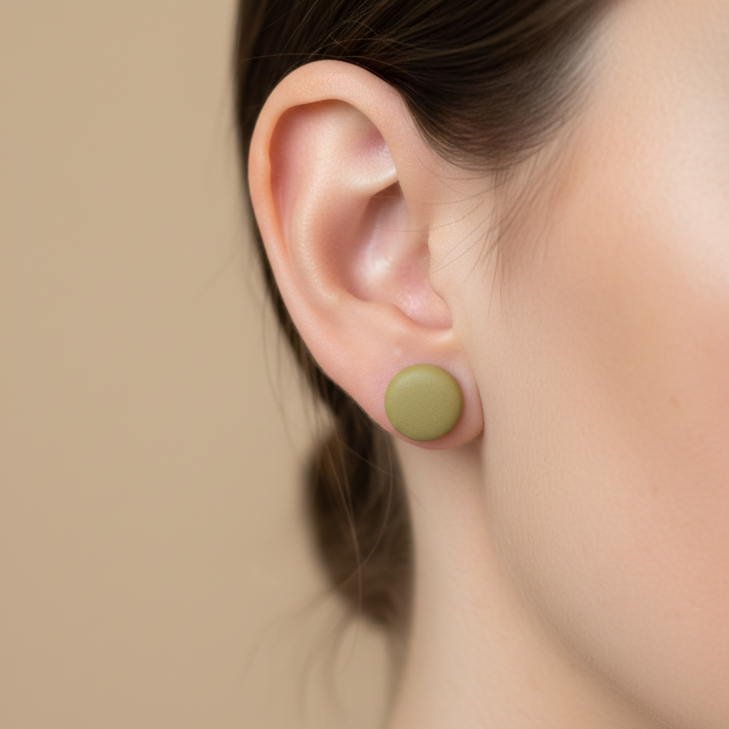 "Handmade polymer clay olive green stud earrings in natural matte finish"