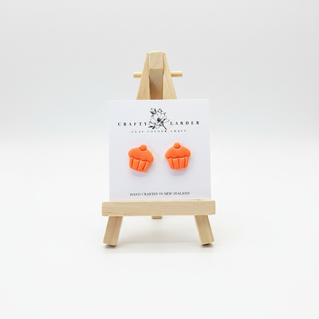  "Orange cupcake stud earrings on Crafty Larder card"