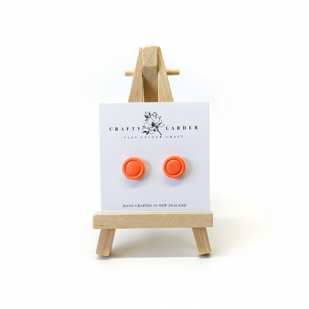  "Orange round button stud earrings on Crafty Larder card"