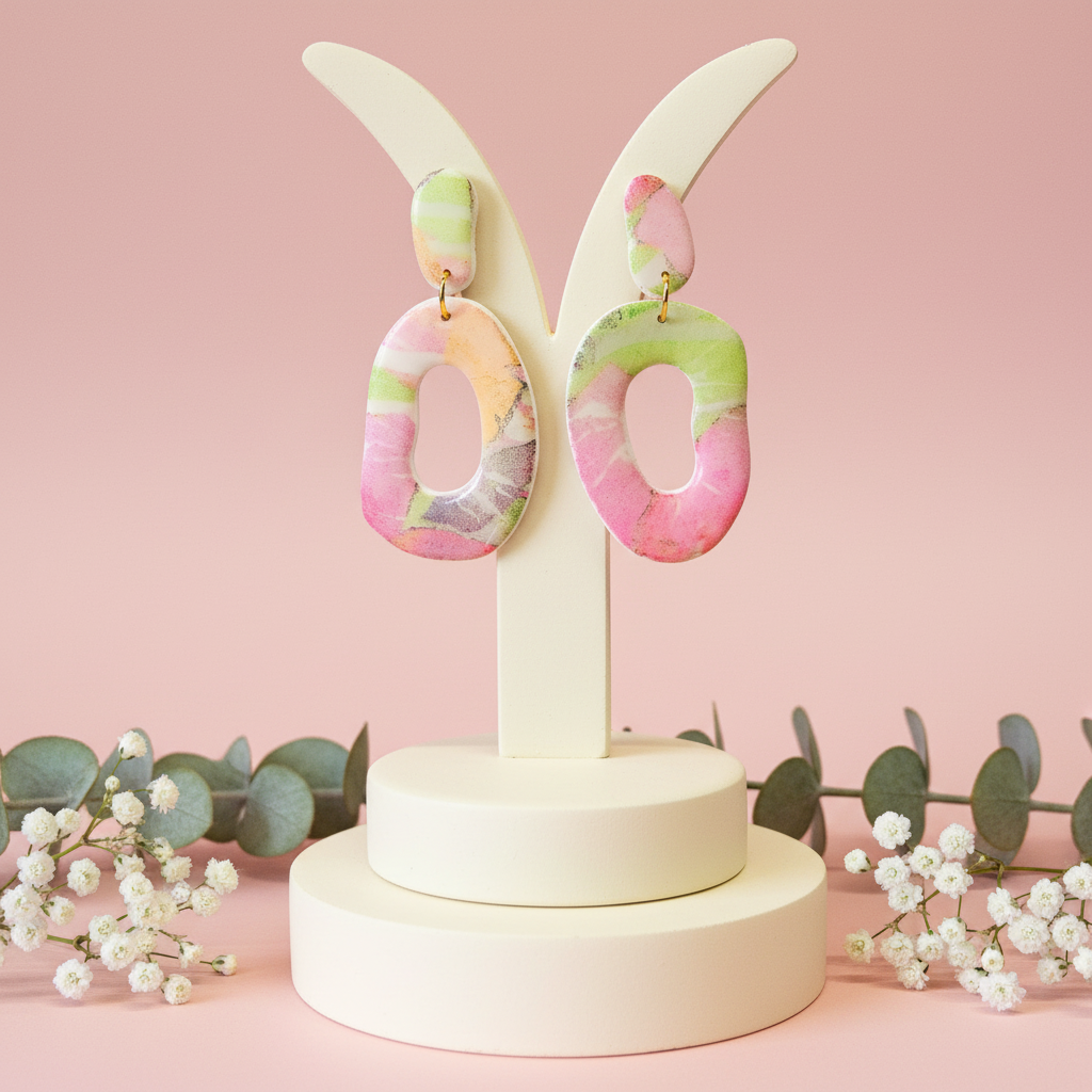 "Pastel watercolor polymer clay stud earrings with pink, green, yellow and gold marbled design and oval cutouts"