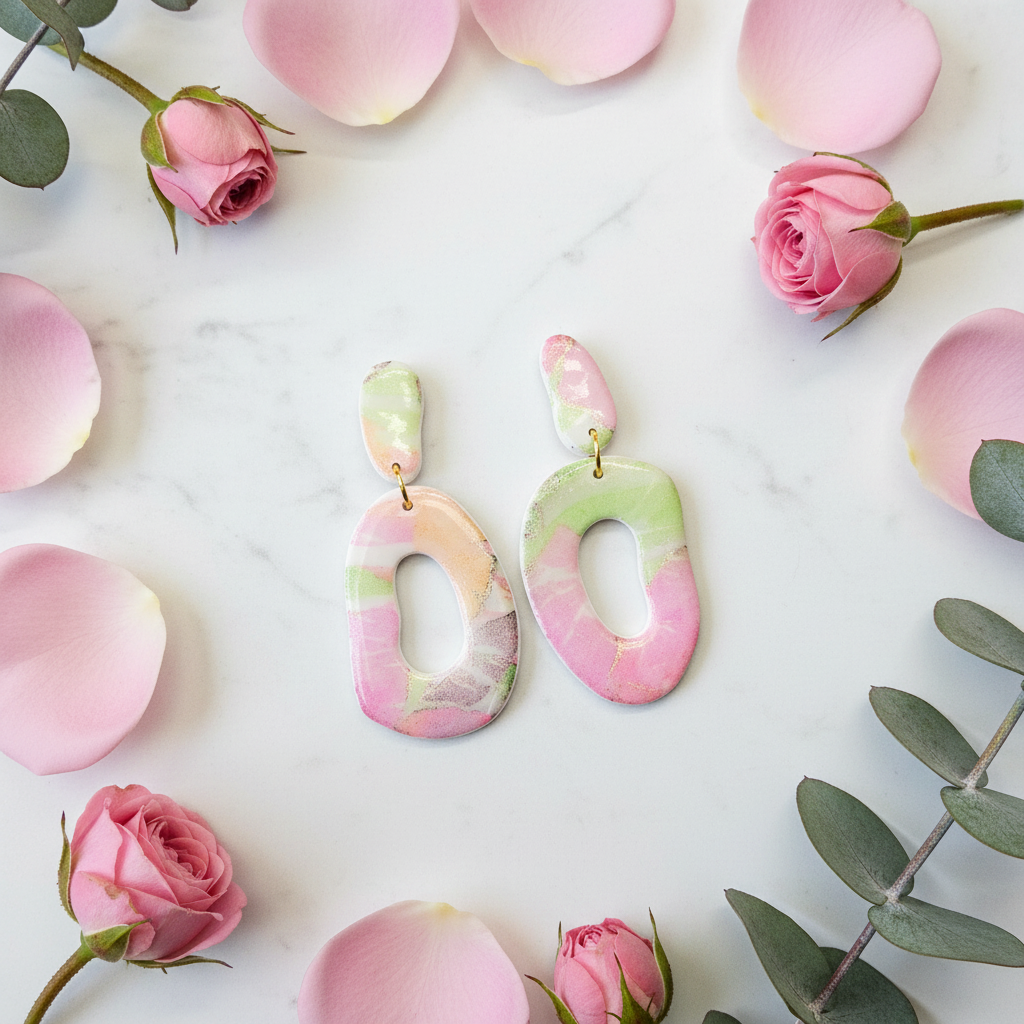 "Pastel watercolor polymer clay stud earrings with pink, green, yellow and gold marbled design and oval cutouts"