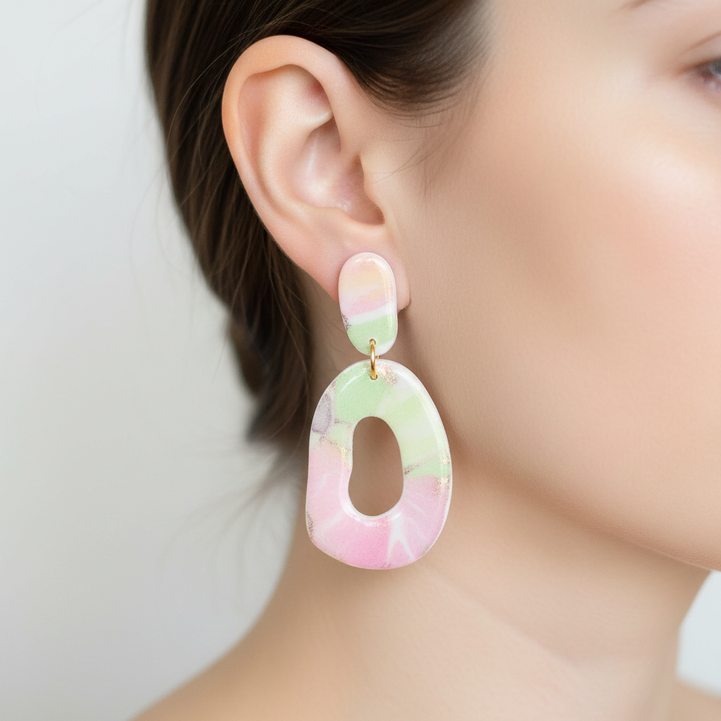 "Pastel watercolor polymer clay stud earrings with pink, green, yellow and gold marbled design and oval cutouts"