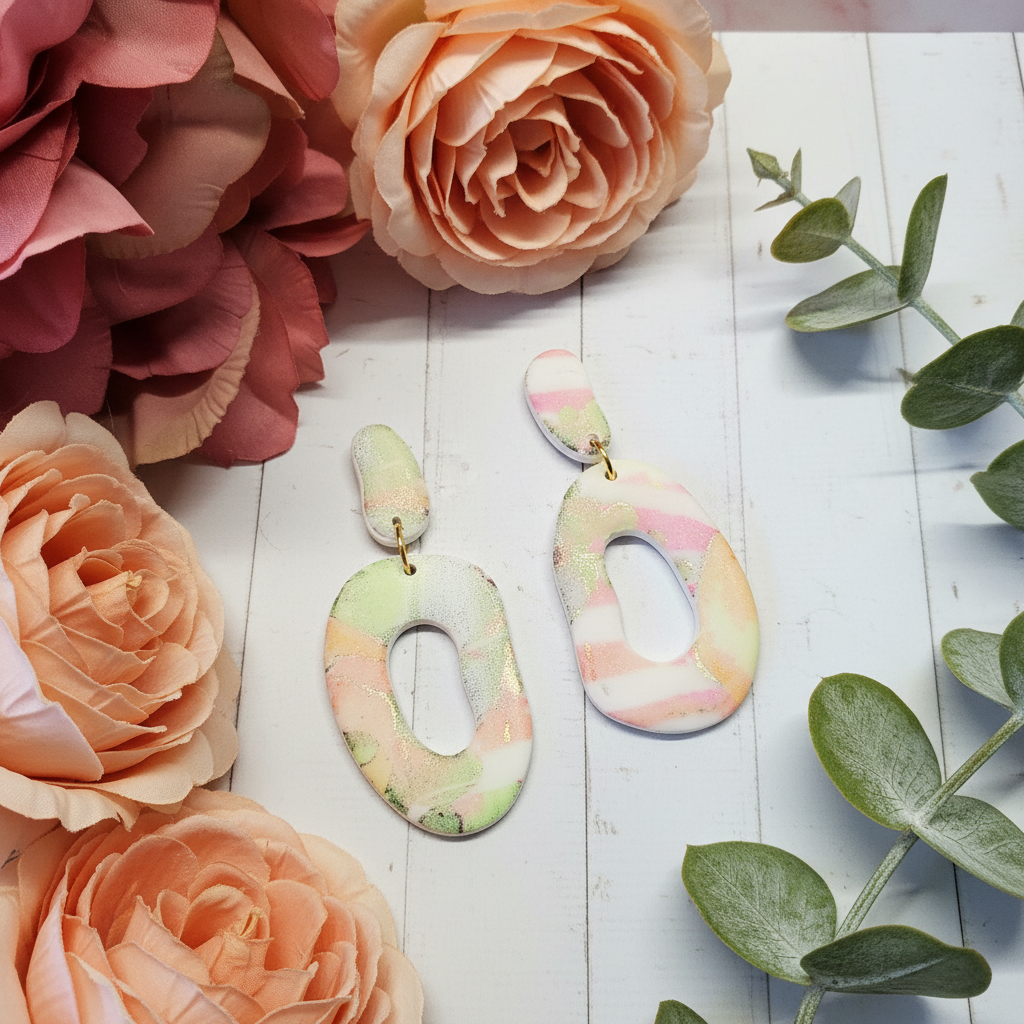 "Pastel watercolor polymer clay stud earrings with pink, green, yellow and gold marbled design and oval cutouts"