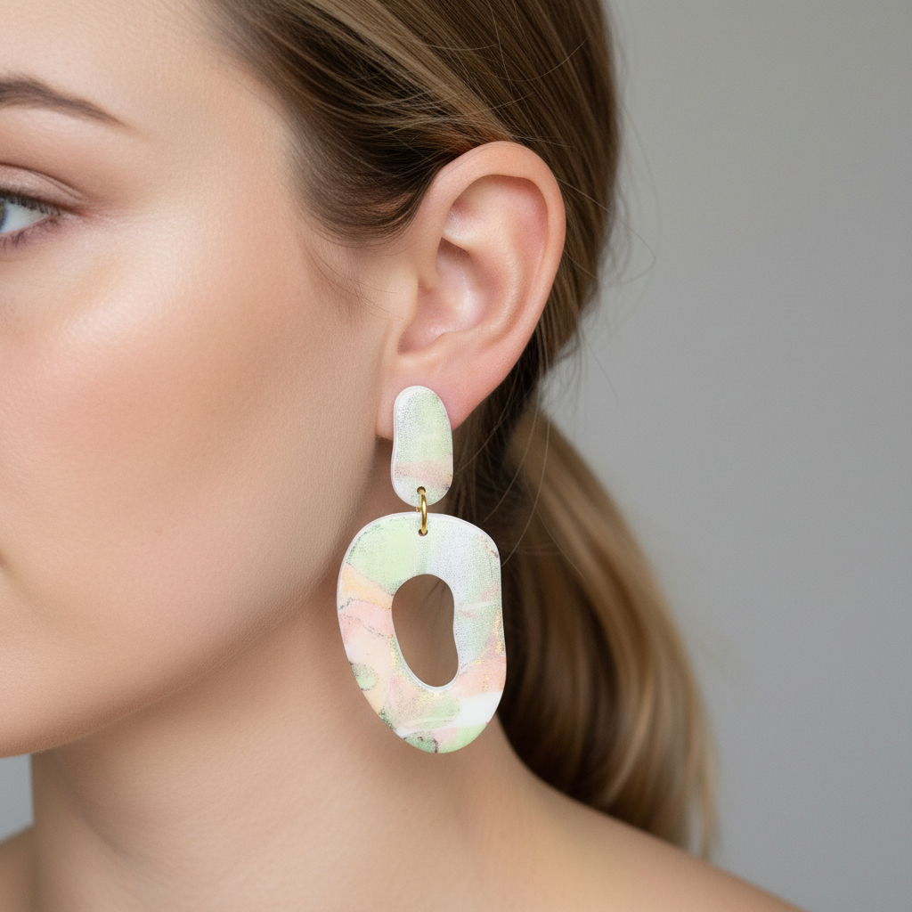 "Pastel watercolor polymer clay stud earrings with pink, green, yellow and gold marbled design and oval cutouts"