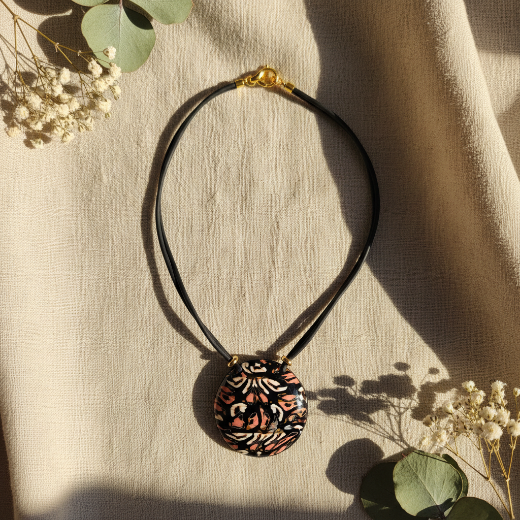 Wild Nights polymer clay pendant necklace with animal print pattern on natural linen - handmade jewelry New Zealand
