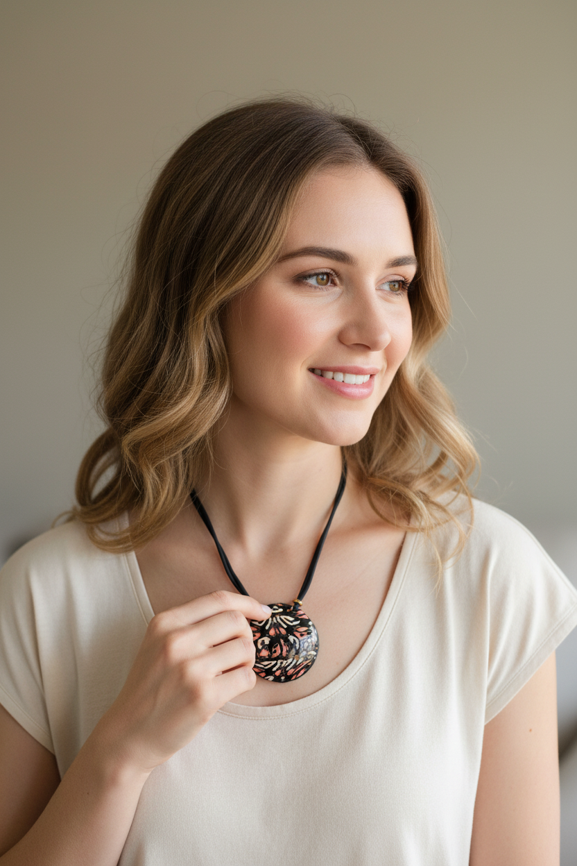 Woman wearing Wild Nights pendant necklace - handmade polymer clay animal print jewellery with black cord and gold details
