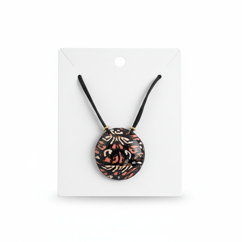 Handmade polymer clay pendant necklace with leopard print pattern and gold accents on display card - Crafty Larder
