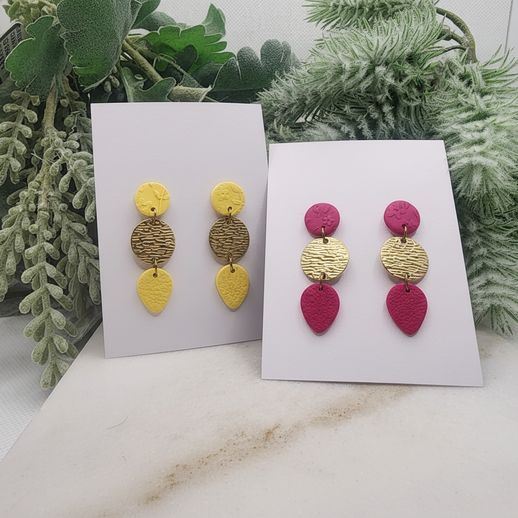 "Handmade polymer clay petite drop earrings with textured round stud, bronze oval, and teardrop - available in yellow and pink"