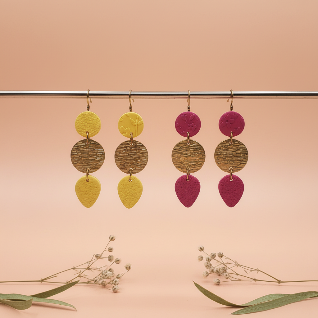 "Handmade polymer clay petite drop earrings with textured round stud, bronze oval, and teardrop - available in yellow and pink"