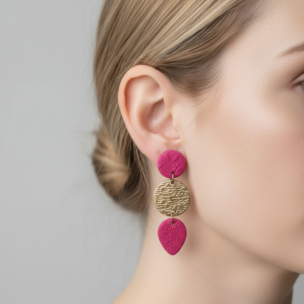 "Handmade polymer clay petite drop earrings with textured round stud, bronze oval, and teardrop - available in yellow and pink"
