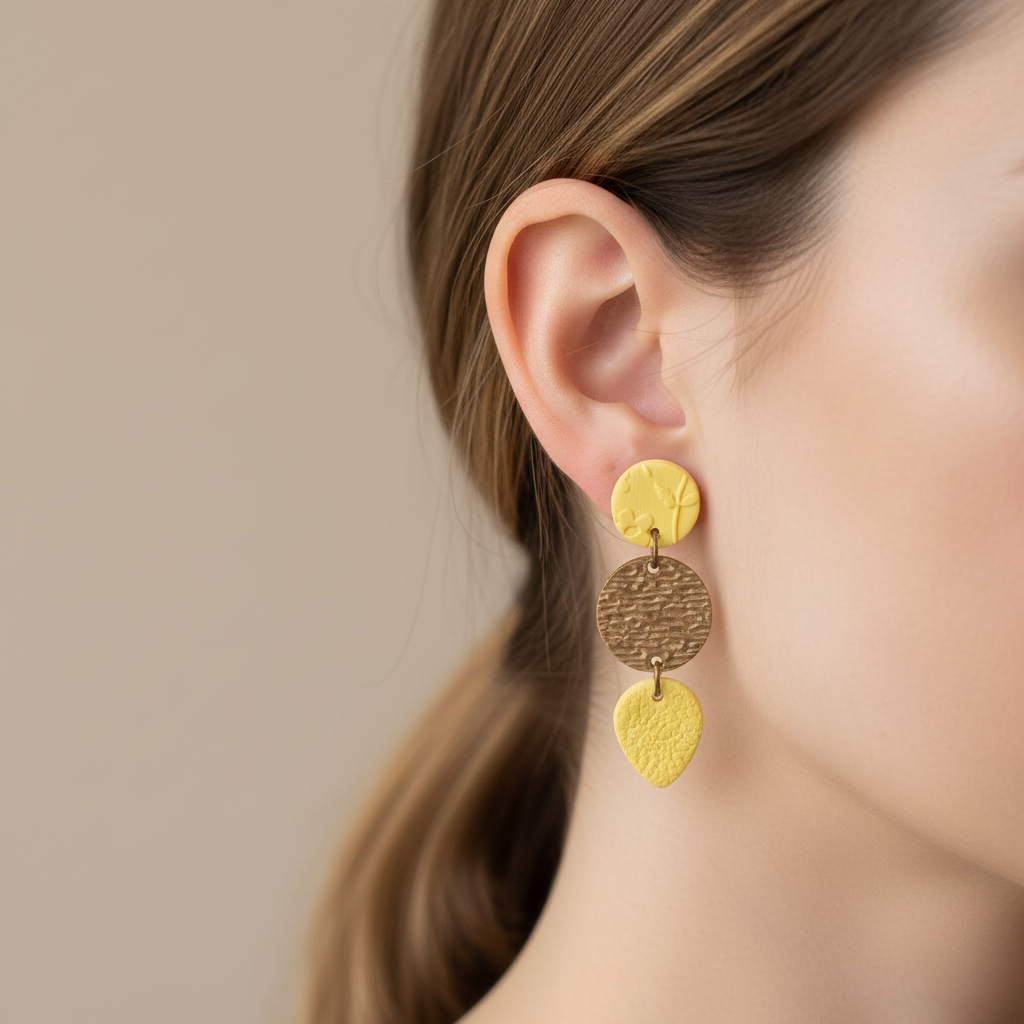 "Handmade polymer clay petite drop earrings with textured round stud, bronze oval, and teardrop - available in yellow and pink"