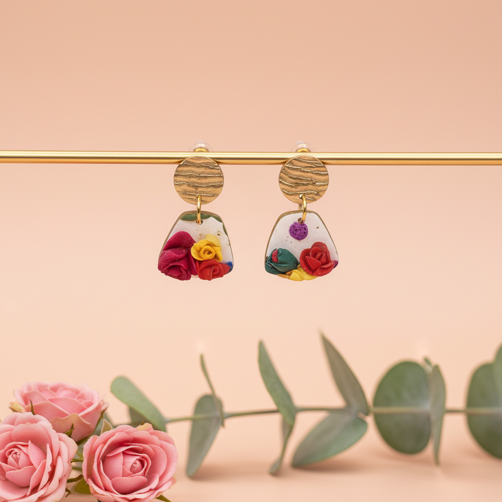  "Handmade polymer clay petite summer bloom earrings with bronze textured circle studs and clear resin heart dangles filled with colorful 3D roses and green leaves"