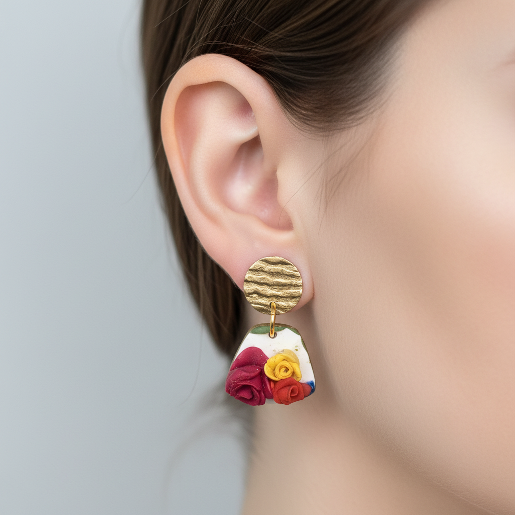  "Handmade polymer clay petite summer bloom earrings with bronze textured circle studs and clear resin heart dangles filled with colorful 3D roses and green leaves"