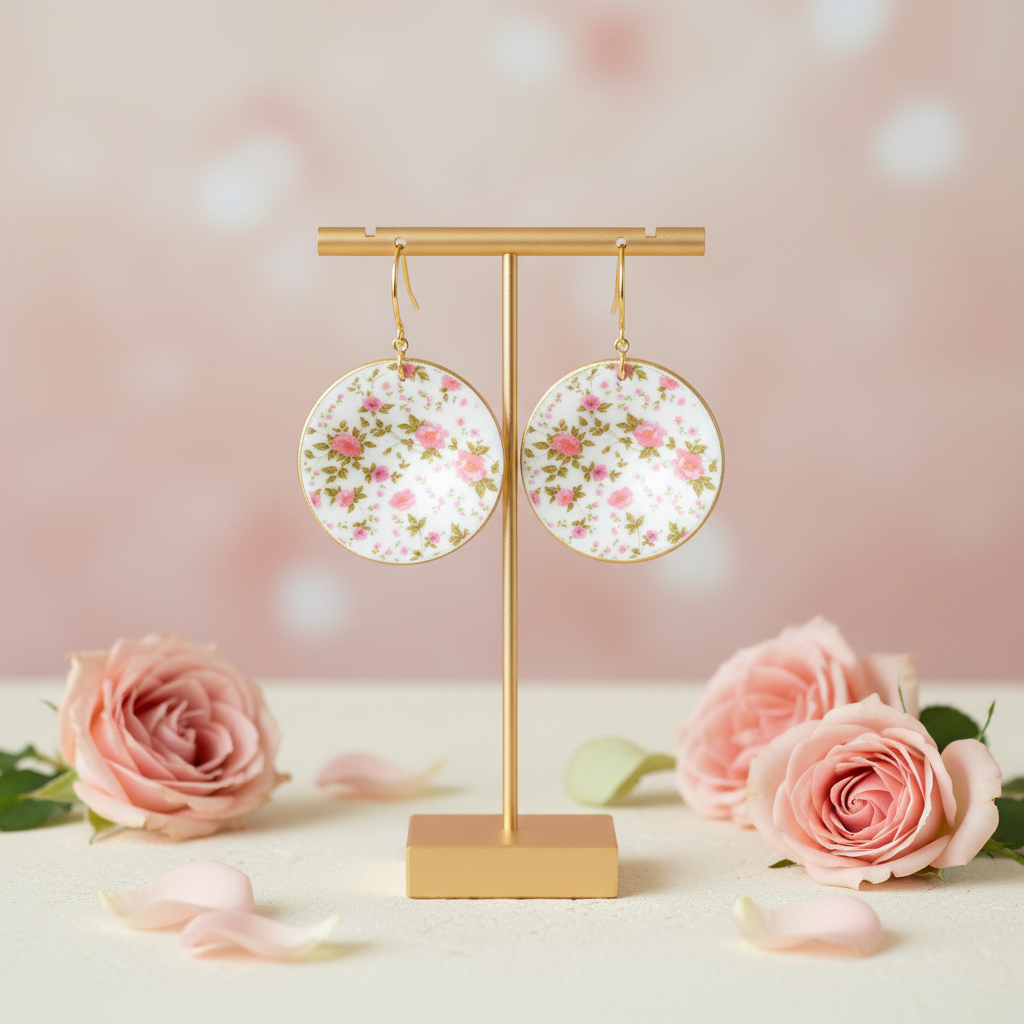 "Handmade polymer clay pink floral gold-rim dangle earrings with white circles decorated with delicate pink floral patterns and elegant gold rims"