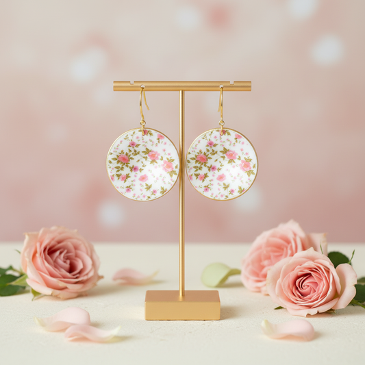 "Handmade polymer clay pink floral gold-rim dangle earrings with white circles decorated with delicate pink floral patterns and elegant gold rims"