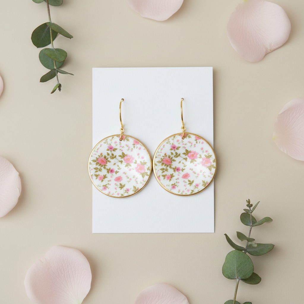 "Handmade polymer clay pink floral gold-rim dangle earrings with white circles decorated with delicate pink floral patterns and elegant gold rims"