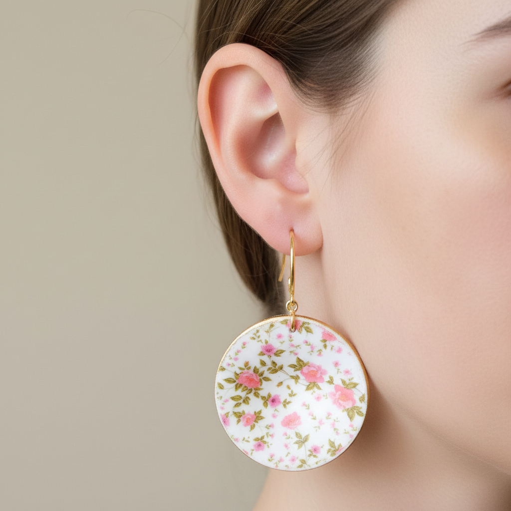 "Handmade polymer clay pink floral gold-rim dangle earrings with white circles decorated with delicate pink floral patterns and elegant gold rims"