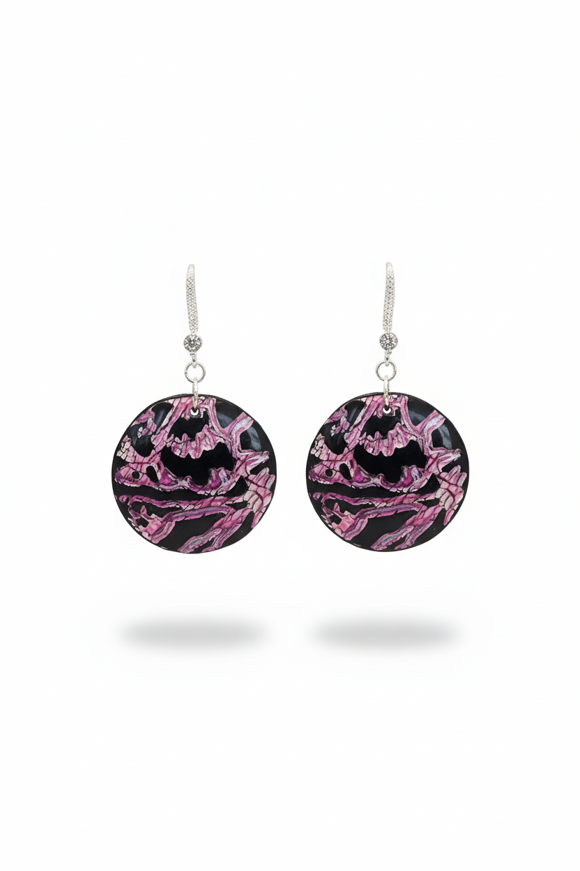 Pink Noir Circle Earrings - handmade polymer clay earrings with silver French hooks zirconia crystal and 3D floral design in black pink and silver

