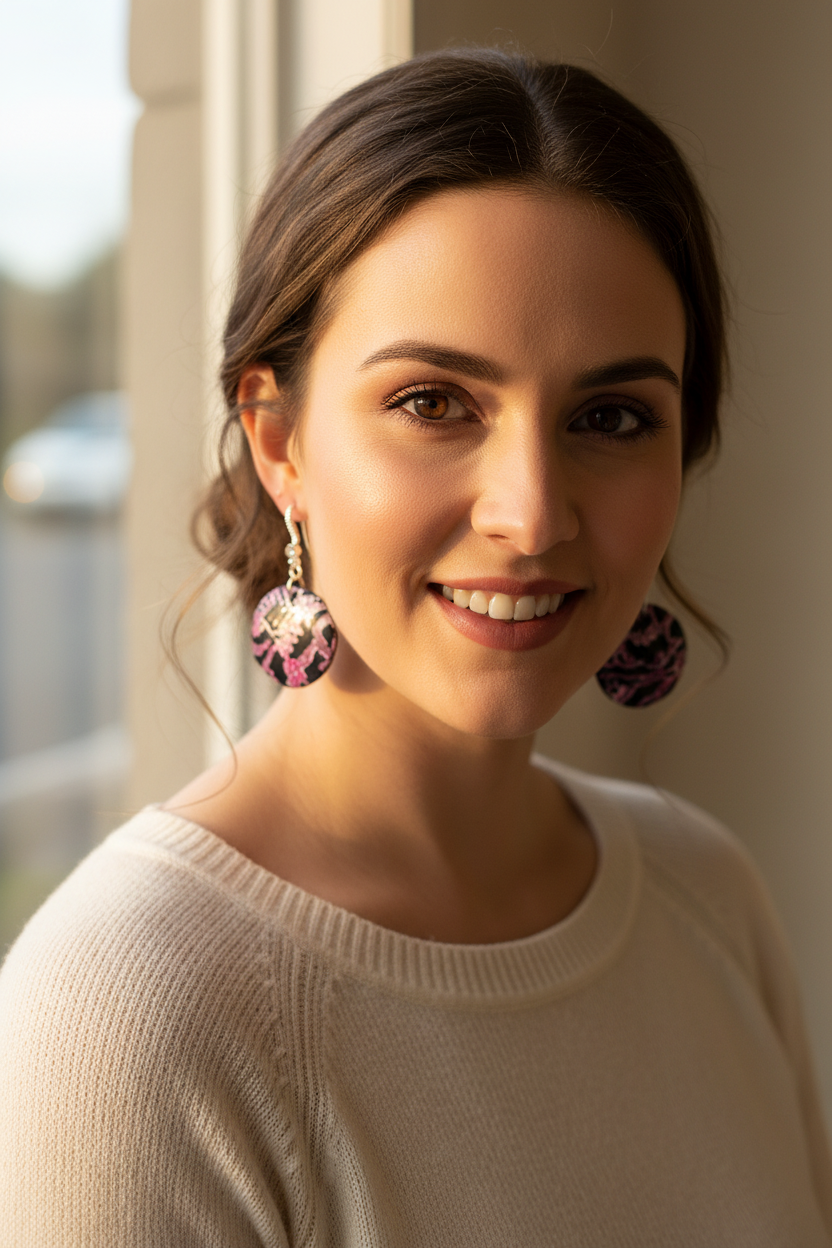 Woman wearing Pink Noir Circle Earrings - handmade polymer clay circle earrings with black pink and silver floral design
