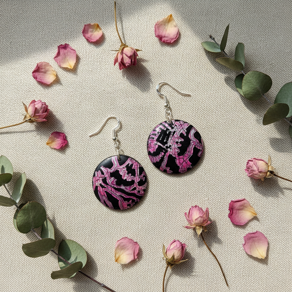 Pink Noir Circle Earrings displayed with dried roses and eucalyptus - handmade polymer clay dangle earrings with floral pattern
