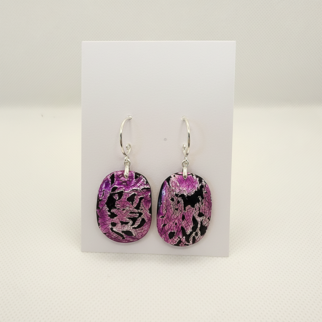 Pink Noir Oval Earrings on display card - handmade polymer clay earrings with silver French hooks and 3D floral illusion design
