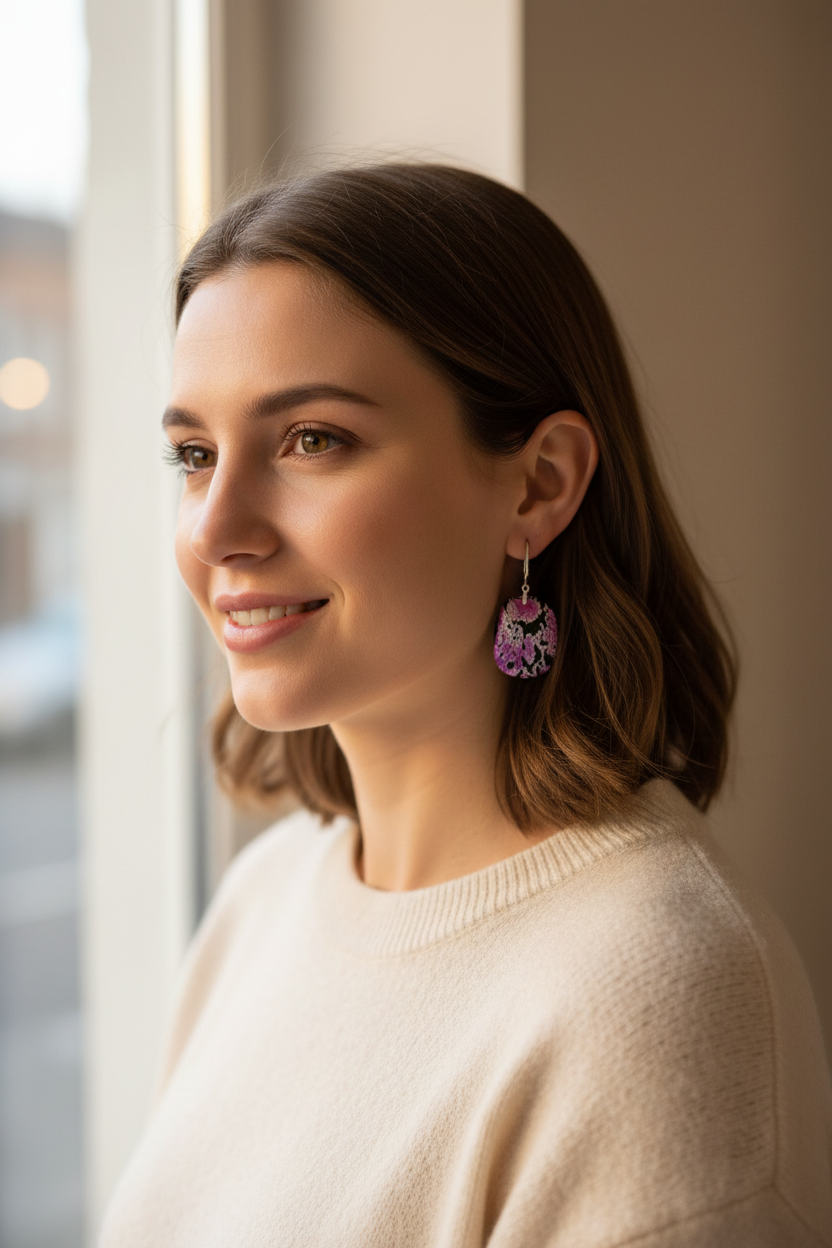 Pink Noir Oval Earrings lifestyle photo showing handmade polymer clay earrings with floral design on model
