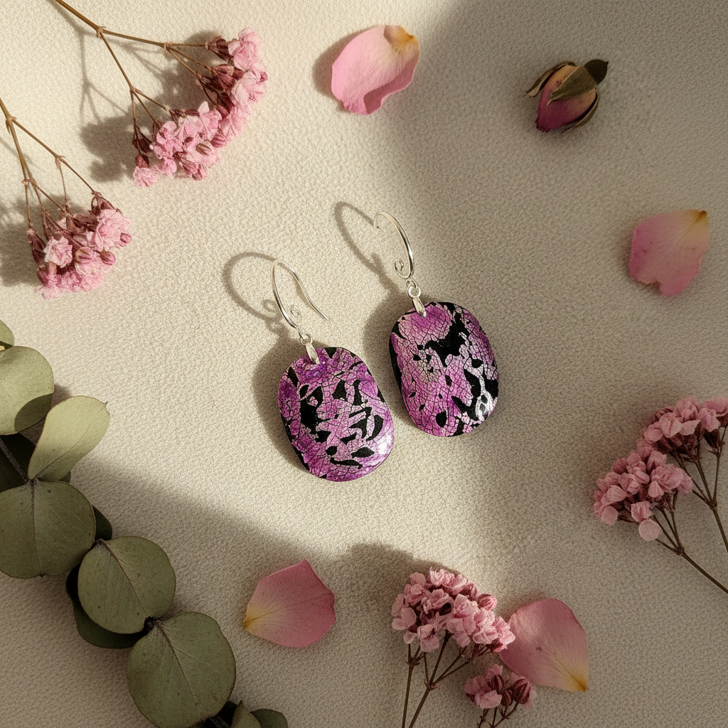 Pink Noir Oval Earrings - handmade polymer clay earrings with black pink and silver floral design displayed with dried flowers and rose petals
