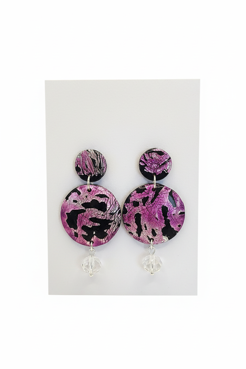 Pink Noir Statement Earrings - handmade polymer clay two-tier earrings with crystal bead and silver posts in black pink and silver
