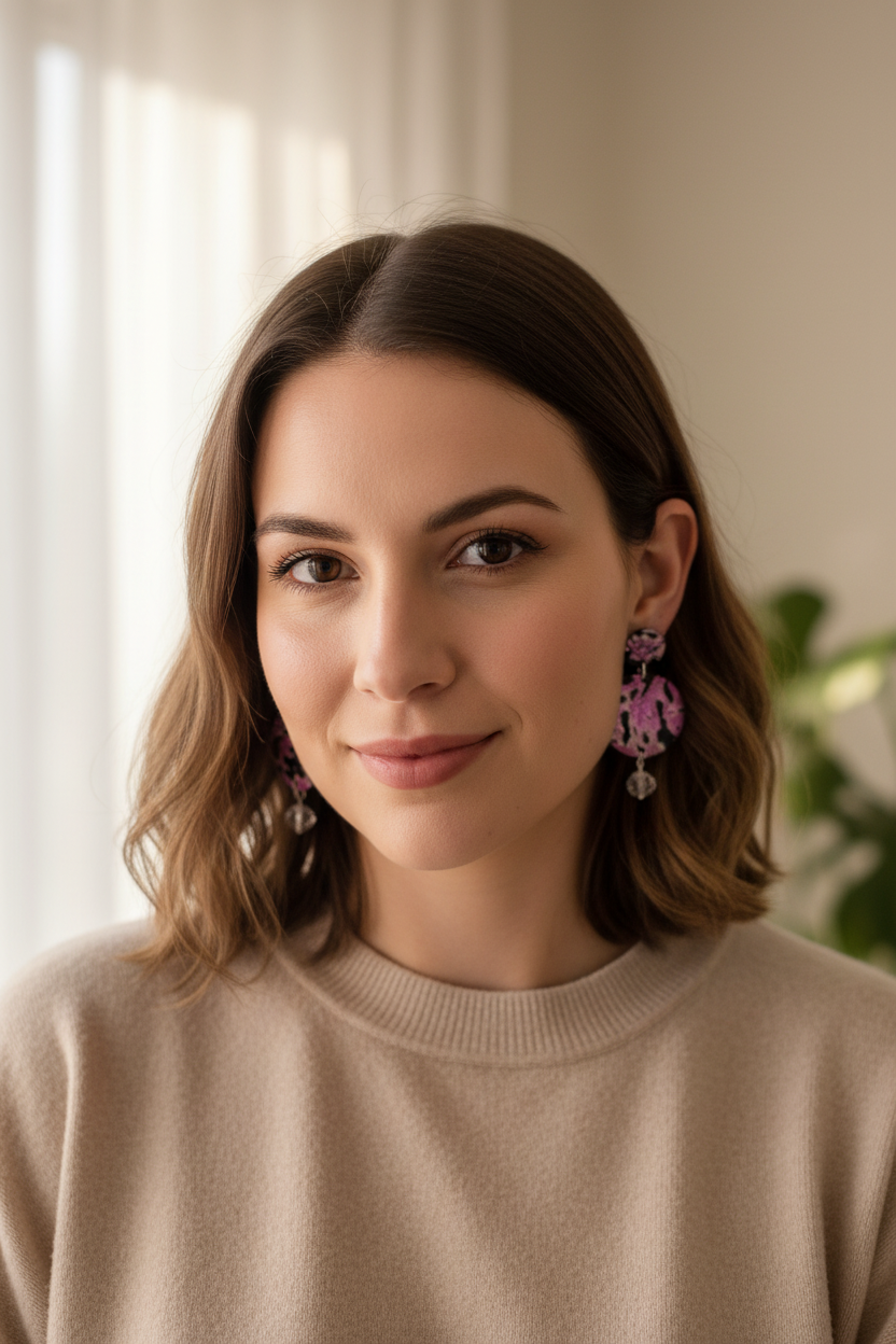 Woman wearing Pink Noir Statement Earrings - handmade polymer clay two-tier dangle earrings with black pink and silver floral pattern

