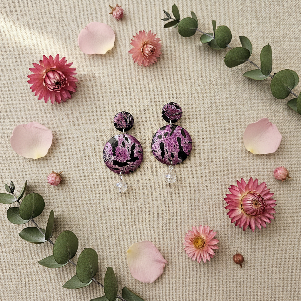 Pink Noir Statement Earrings displayed with flowers - handmade polymer clay tiered earrings with 3D floral design and crystal accent
