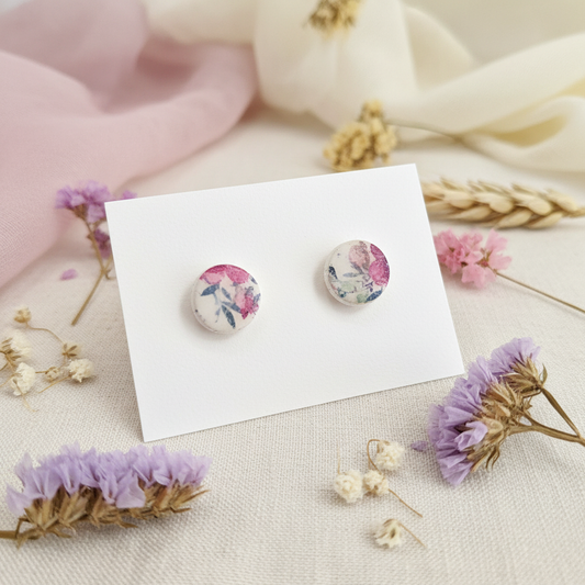 Garden Floral Studs in Pink displayed on white card with pastel gradient background and dried flower styling