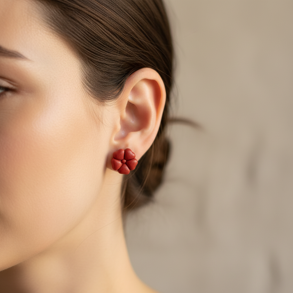Woman wearing Blossom Studs in Poppy Red, bold brick red polymer clay 5-petal flower studs, handcrafted in New Zealand by Crafty Larder