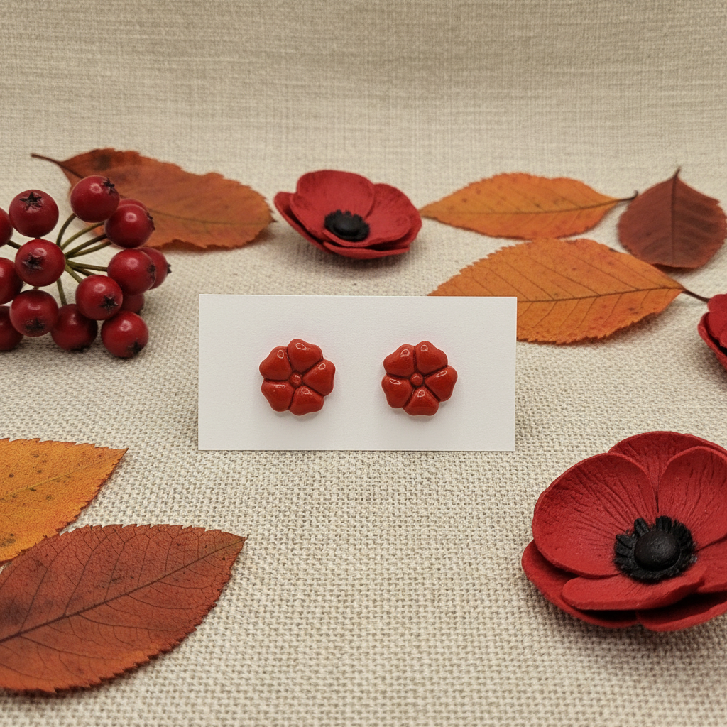 Blossom Studs in Poppy Red — handmade polymer clay 5-petal flower stud earrings, displayed on white card with vibrant red poppy botanical styling, handcrafted in New Zealand by Crafty Larder