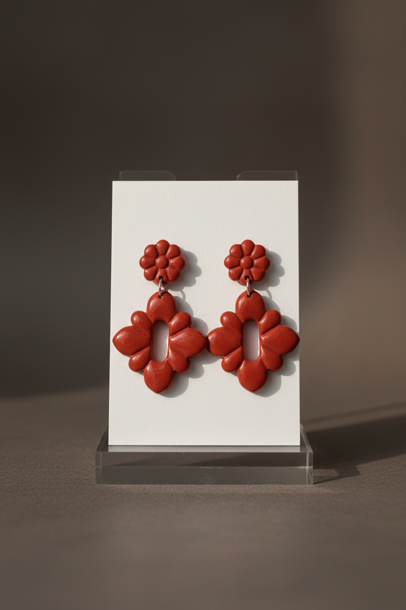 Handmade polymer clay Gerbera Drop Earrings in Poppy Red — warm brick red gerbera flower stud top with quatrefoil drop, displayed on a plain white jewellery card on a clear acrylic stand
